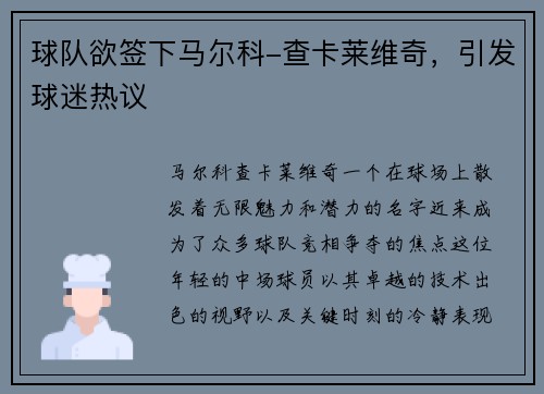 球队欲签下马尔科-查卡莱维奇，引发球迷热议